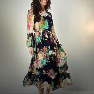 NWT Melonie T long Sleeve Chiffon Floral Tiered Skirt Maxi Dress Wm Sz 10